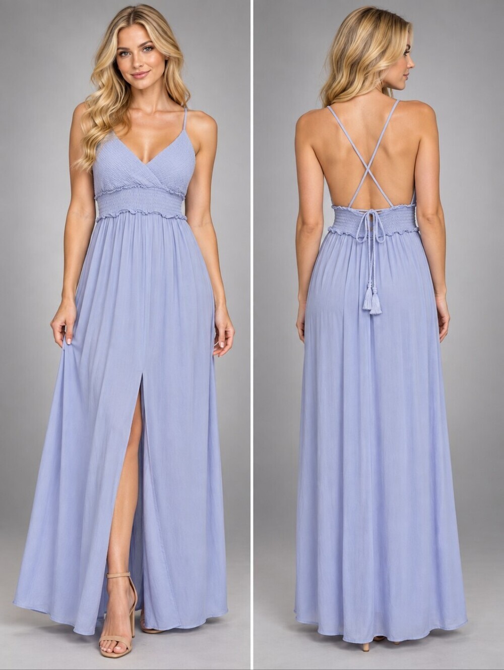 Promesa Boho-Chic Dusty Blue Smocked Low Back Maxi Dress